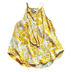 LOFT Mustard Yellow Floral Print Flowy Tank Top Tie Neck Boho Summer Size L
